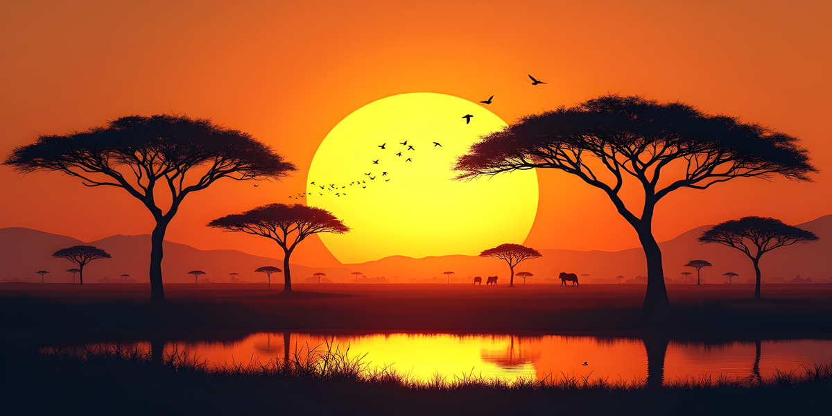 Savanna Landscape Vibrant Sunset Wall Canvas