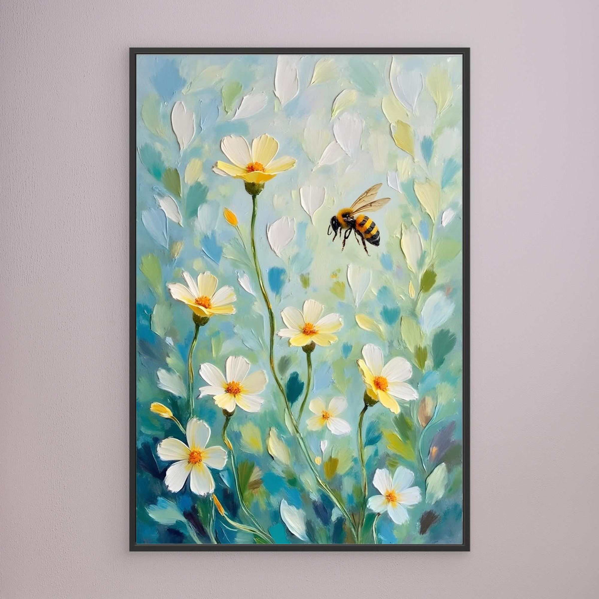 Abstract Bee Art featuring a yellow and black bee in flight among white and yellow flowers with green stems on a blue and green background
