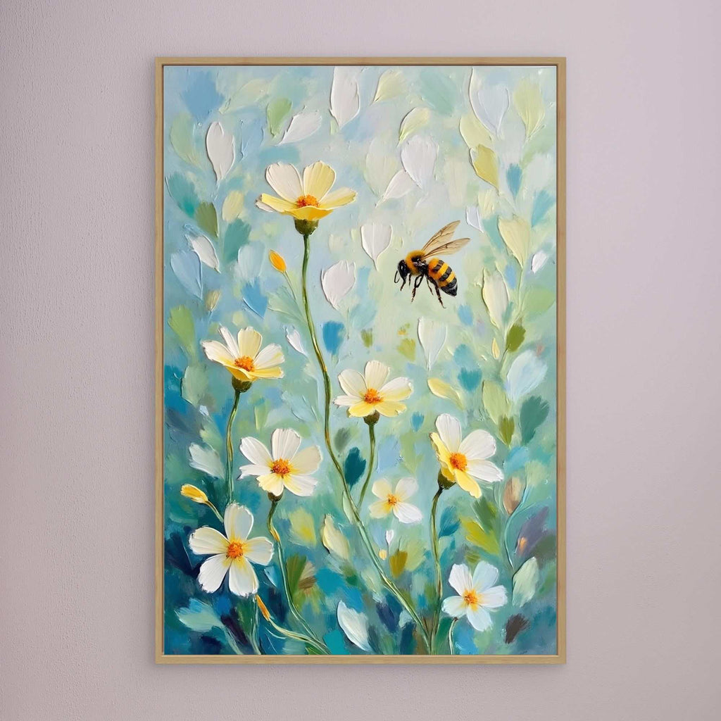 Abstract Bee Art showing a black and yellow bee flying near white and yellow flowers with green stems and leaves on a blue-green background