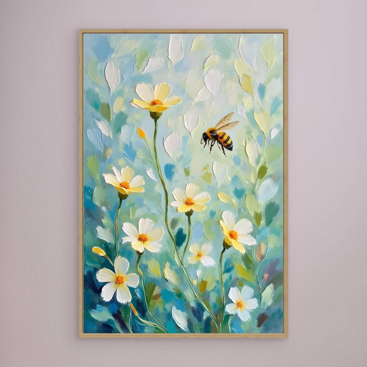 Abstract Bee Art showing a black and yellow bee flying near white and yellow flowers with green stems and leaves on a blue-green background