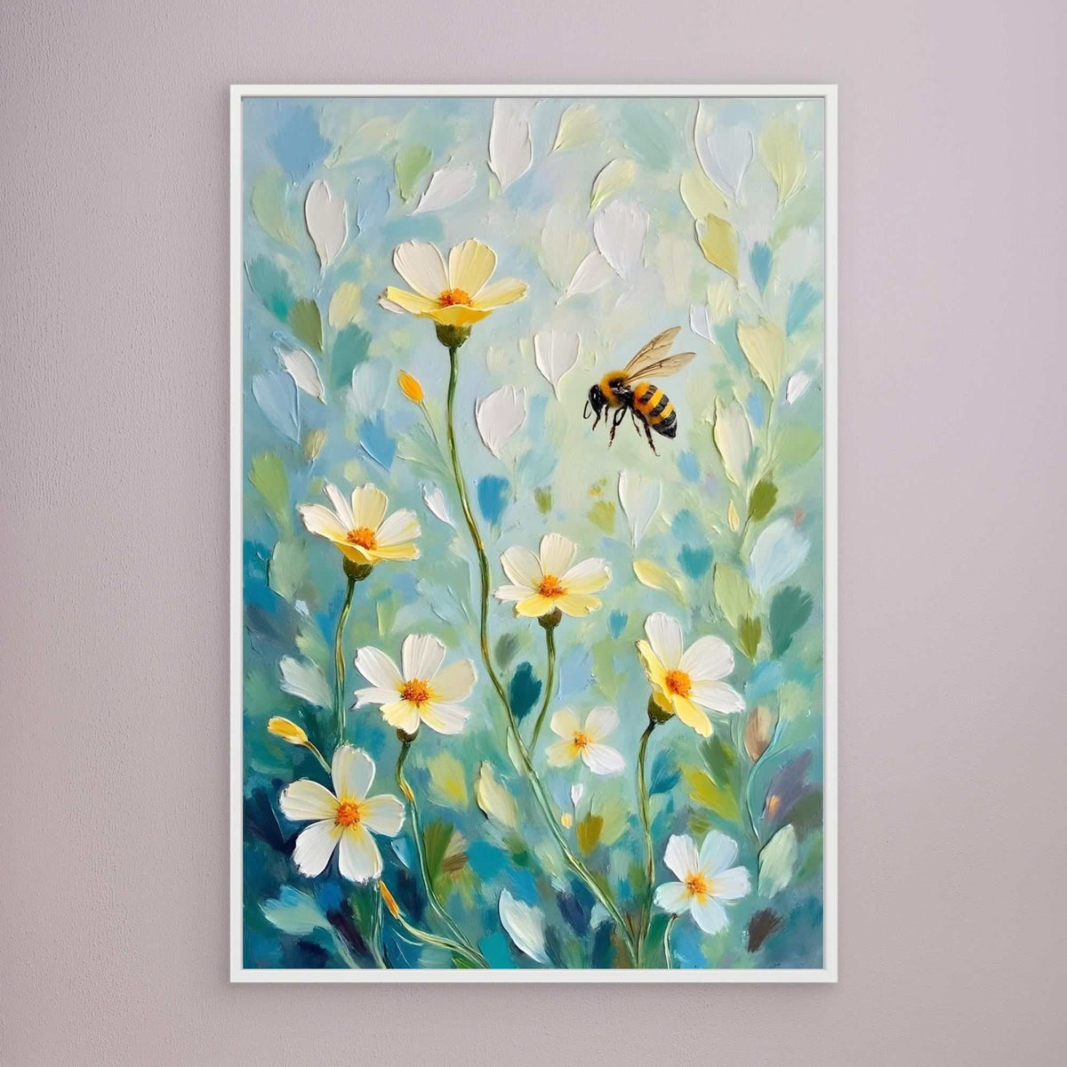 Abstract Bee Art featuring a yellow and black bee flying near white and yellow flowers with green foliage on a blue background