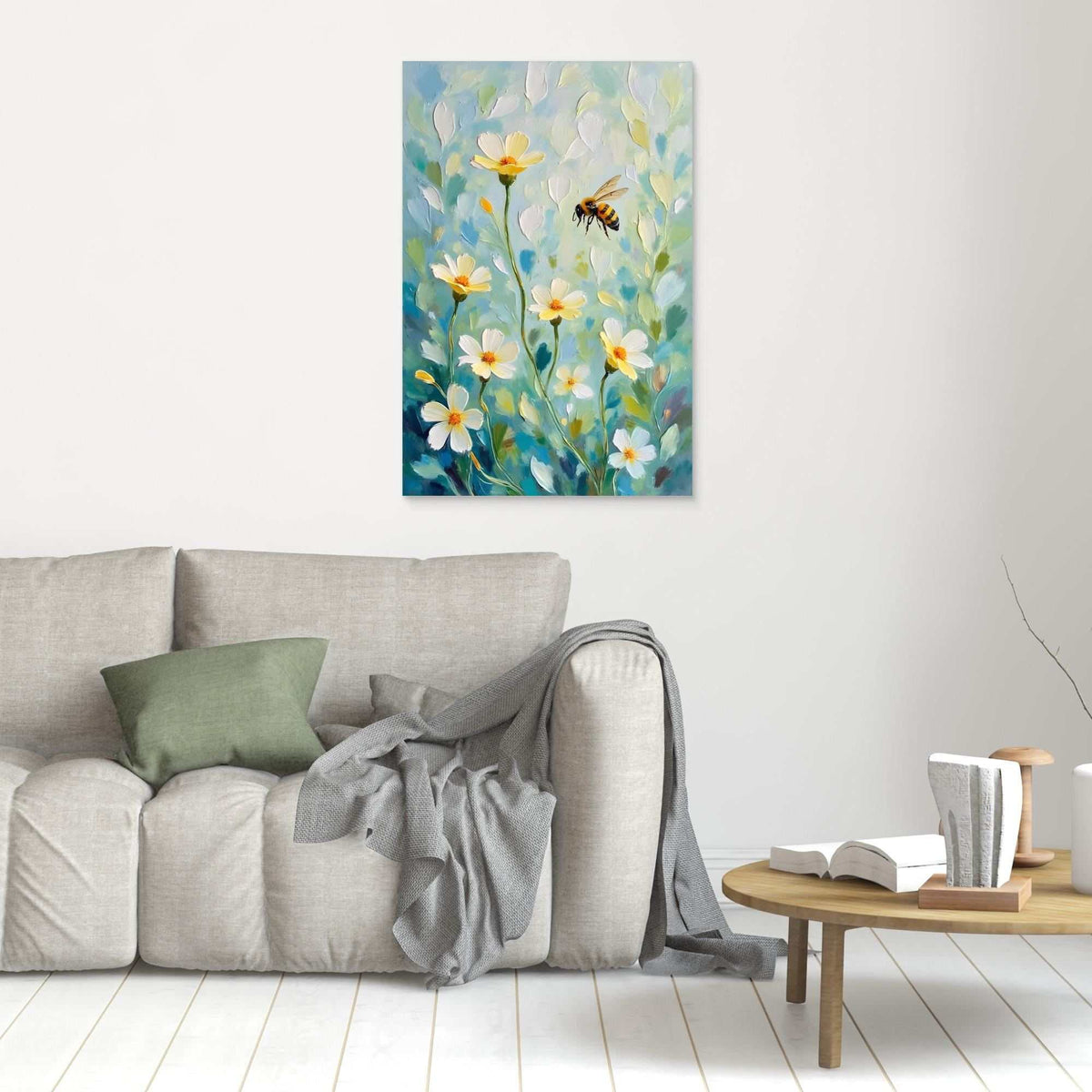 Abstract Bee Art featuring a bee in flight among white and yellow flowers with green leaves and a soft blue background in oil-style abstraction