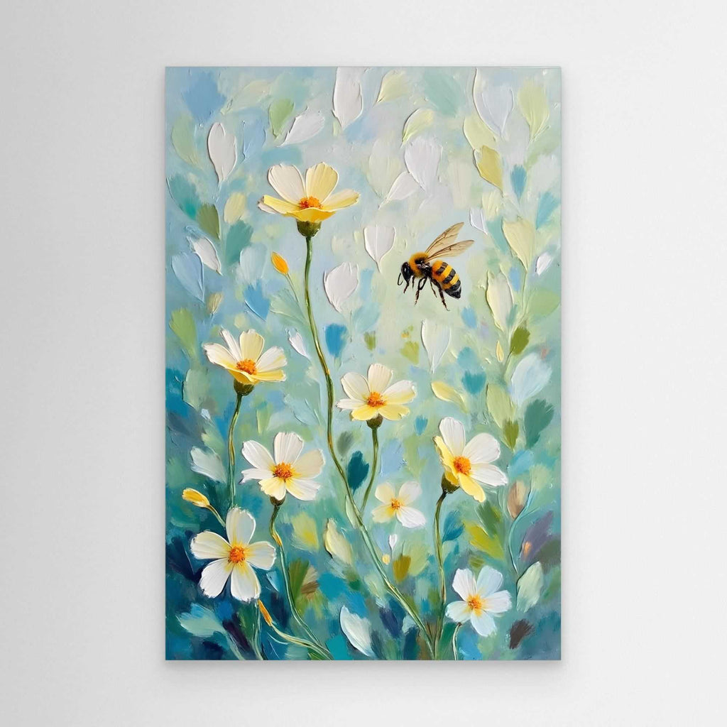 Abstract Bee Art depicting a bee in flight among white flowers with yellow centers on a blue-green background in an oil-style abstraction