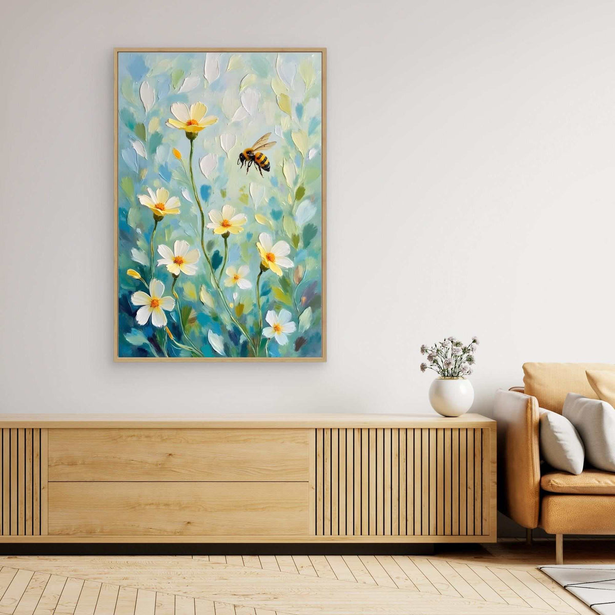 Abstract Bee Art featuring a bee in flight among white daisy-like flowers with green and blue oil-style textured background