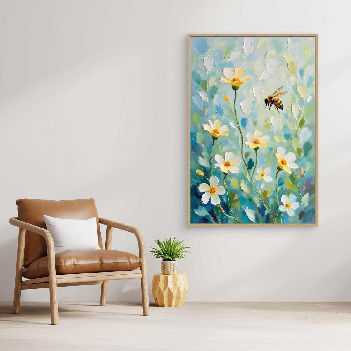 Abstract Bee Art featuring a bee in mid-flight among white and yellow flowers with green and blue abstract foliage on canvas