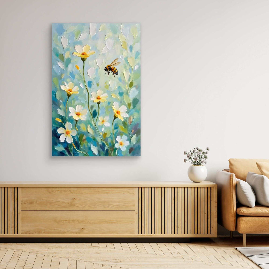 Abstract Bee Art showing a bee mid-flight among white and yellow flowers with green and blue foliage in minimalist oil style