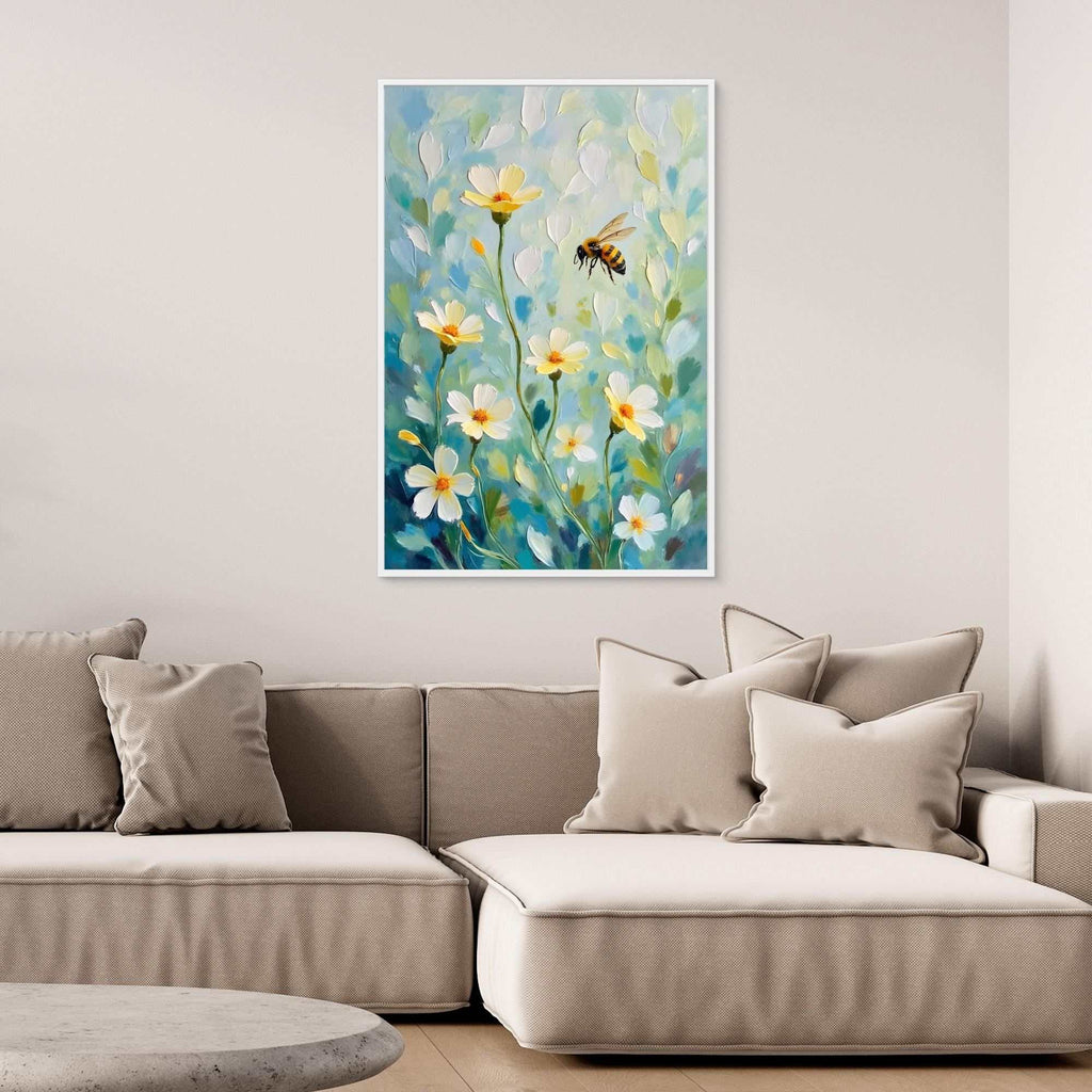 Abstract Bee Art oil-style painting of a bee in mid-flight with white and yellow flowers and green-blue foliage on canvas