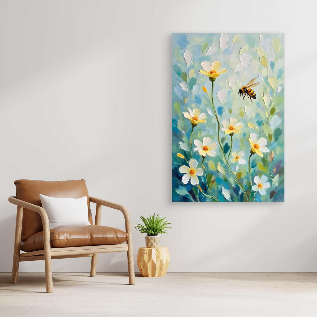 Abstract Bee Art featuring oil-style painted bee in flight over white and yellow flowers with green and blue foliage background