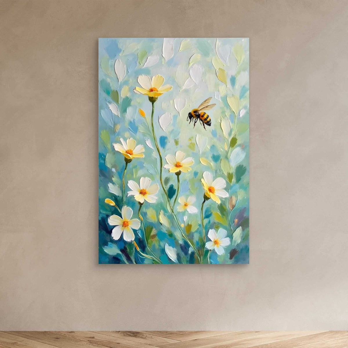 Abstract Bee Art depicting a bee mid-flight over white and yellow flowers with green leaves in an oil-style textured painting