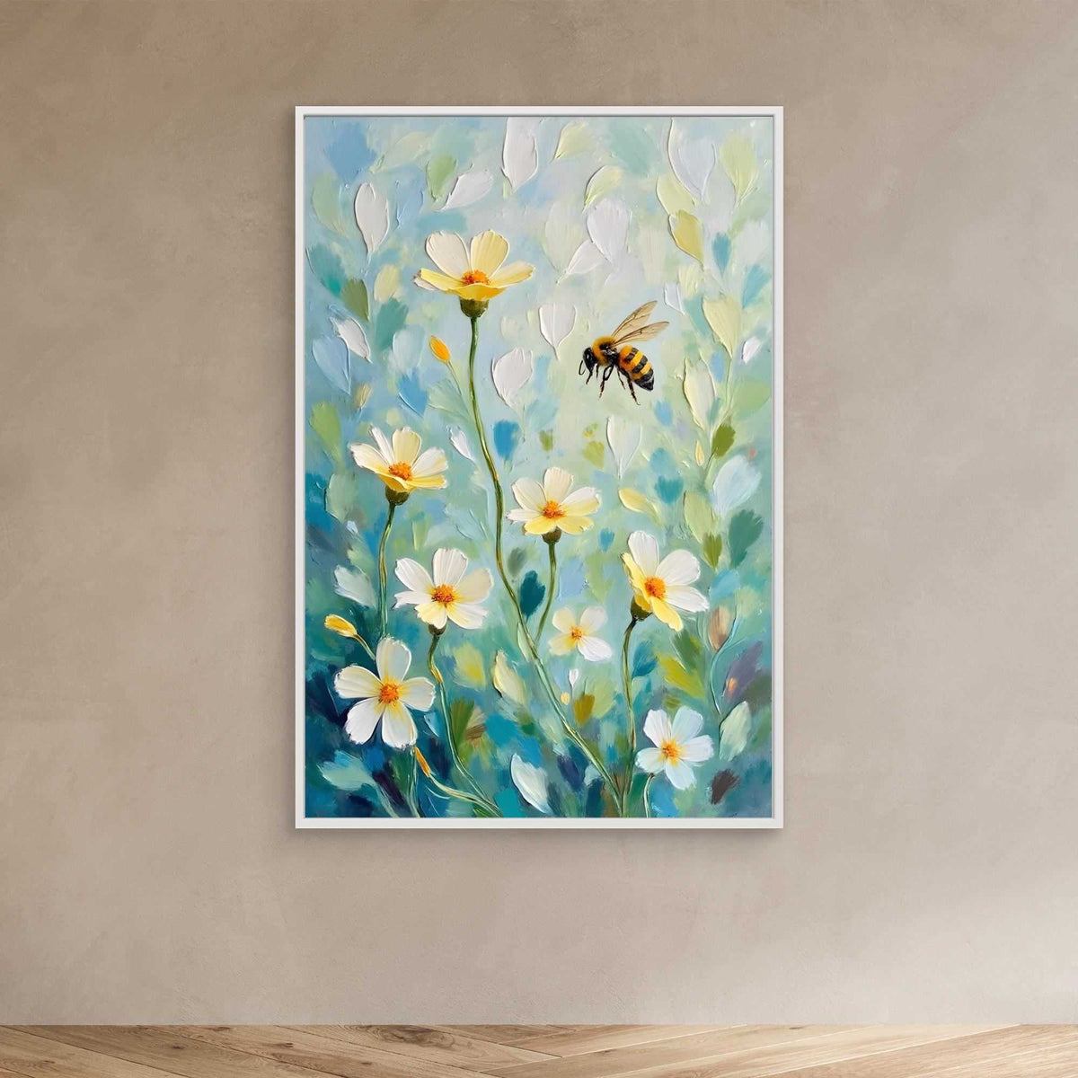 Abstract Bee Art showing oil-style painting of a bee flying near white and yellow flowers with green leaves on a blue background