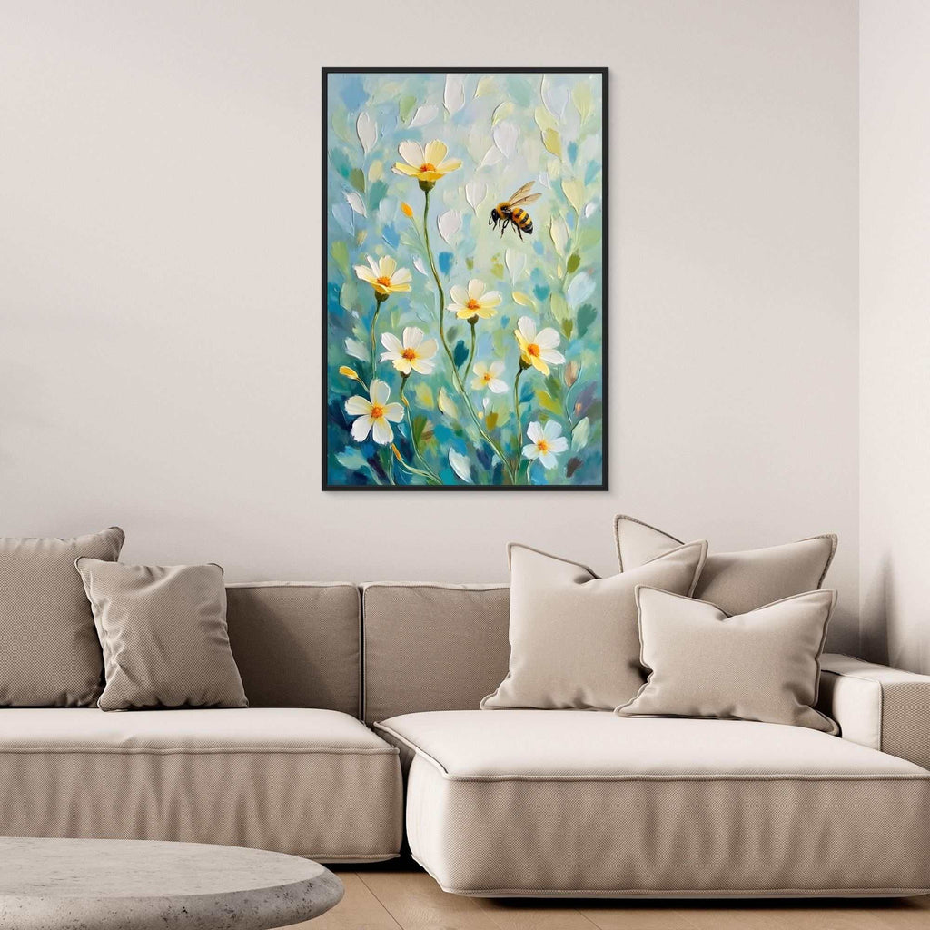 Abstract Bee Art painting featuring oil-style brushstrokes of a bee and white flowers on a teal and green background in a black frame