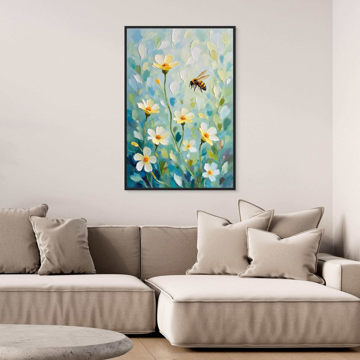 Abstract Bee Art painting featuring oil-style brushstrokes of a bee and white flowers on a teal and green background in a black frame