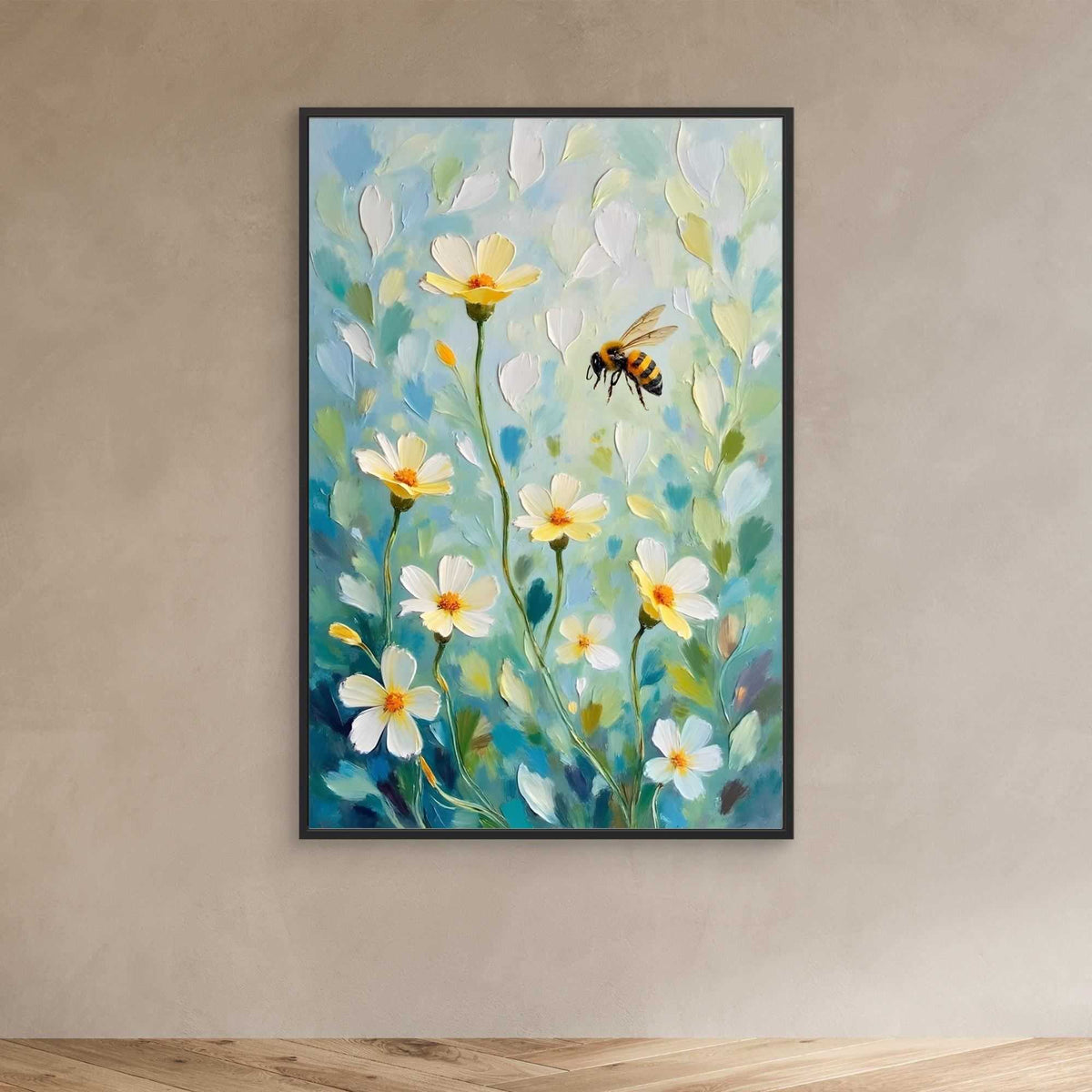 Abstract Bee Art featuring a yellow and black bee in oil-style abstraction over white and yellow flowers on a blue and green background