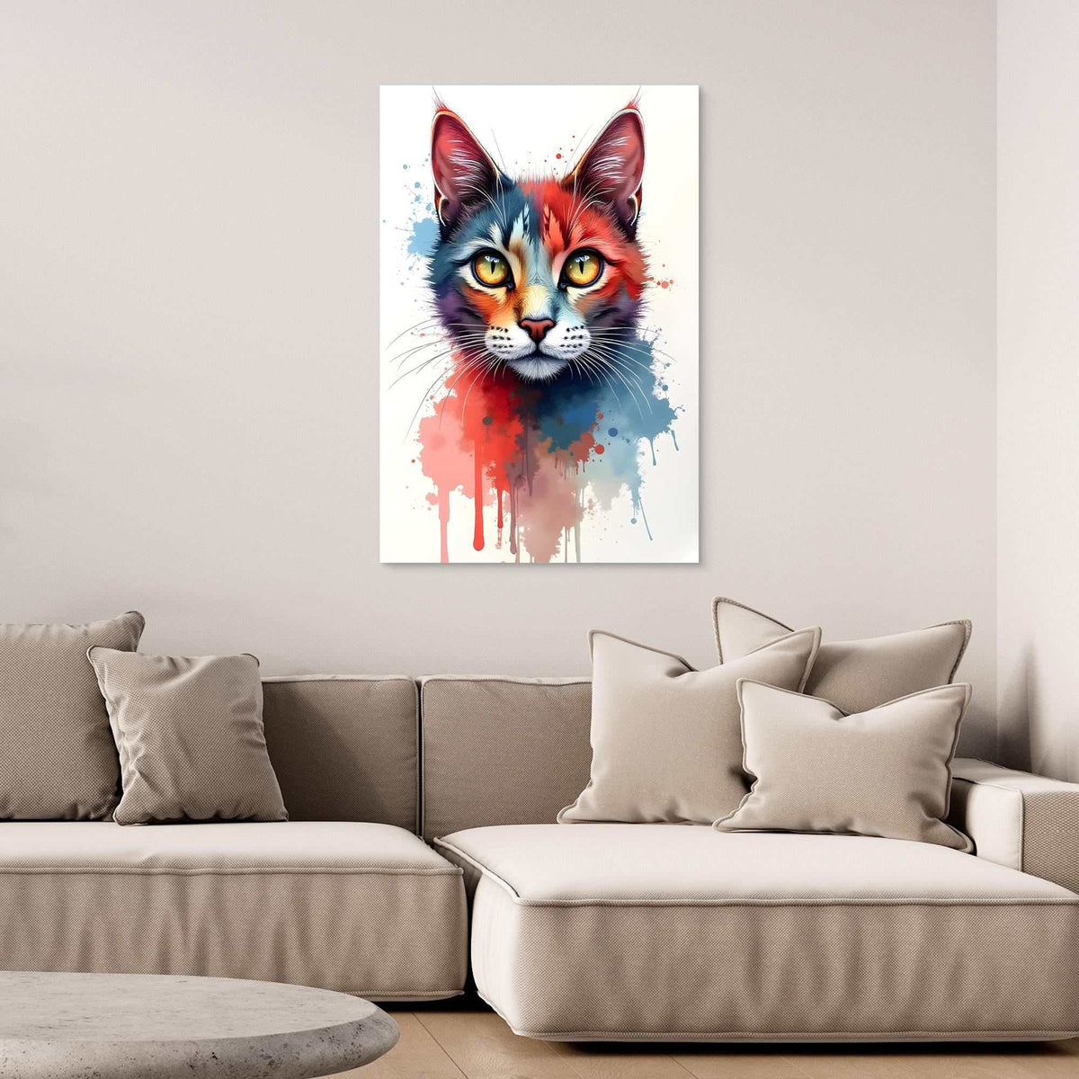 Abstract Cat Minimalist painting in bold red, blue, and black ink style featuring a cat's face with striking yellow eyes on white canvas