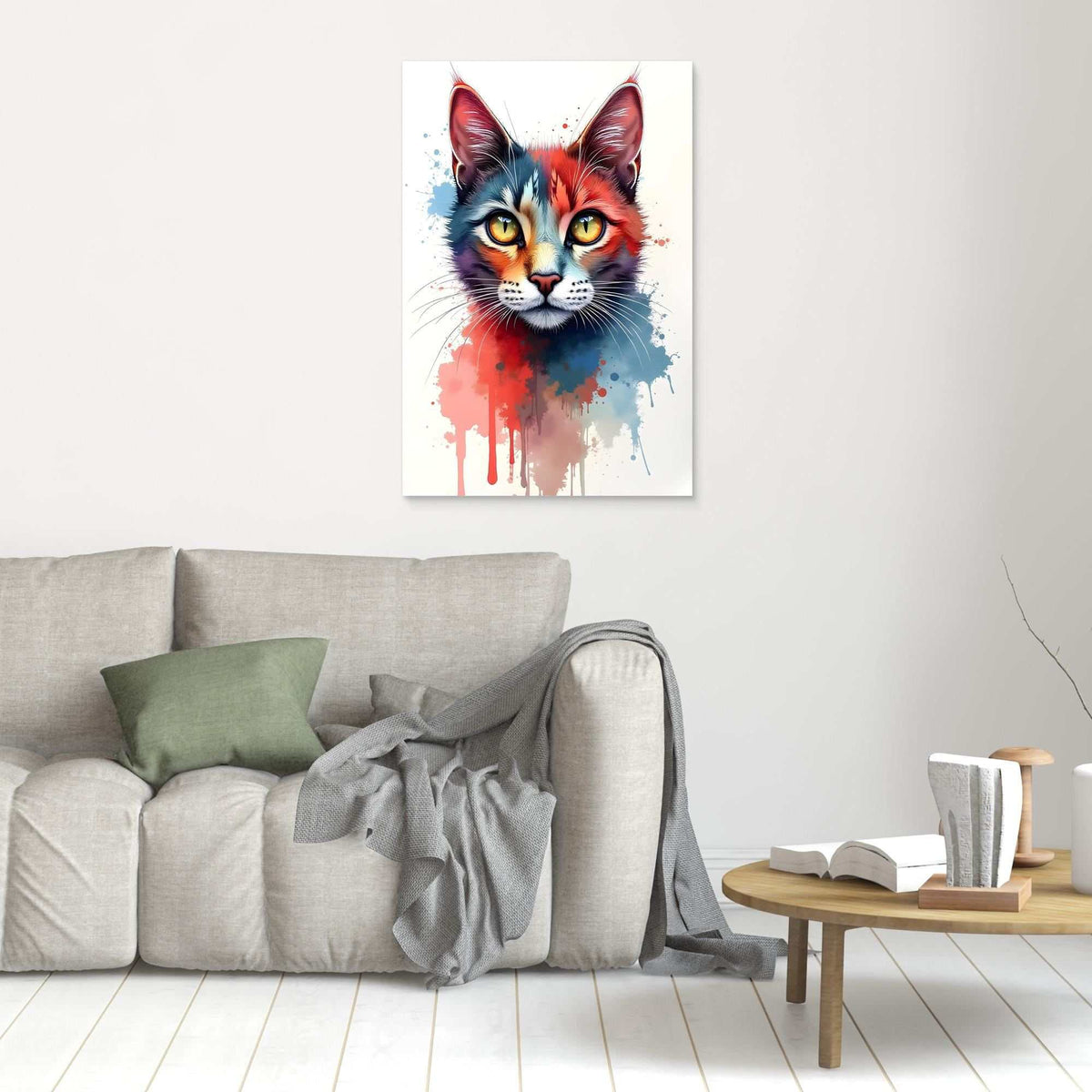 Abstract Cat Minimalist ink style wall art featuring a colorful, splash-painted cat face on canvas above a beige couch