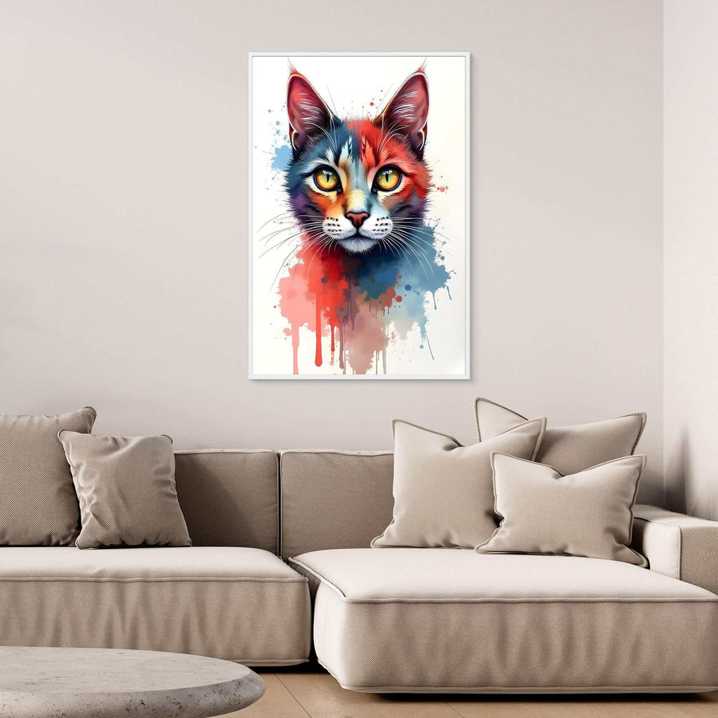 Abstract Cat Minimalist ink style wall art depicting a colorful cat face in splattered blue, red, and brown paint strokes