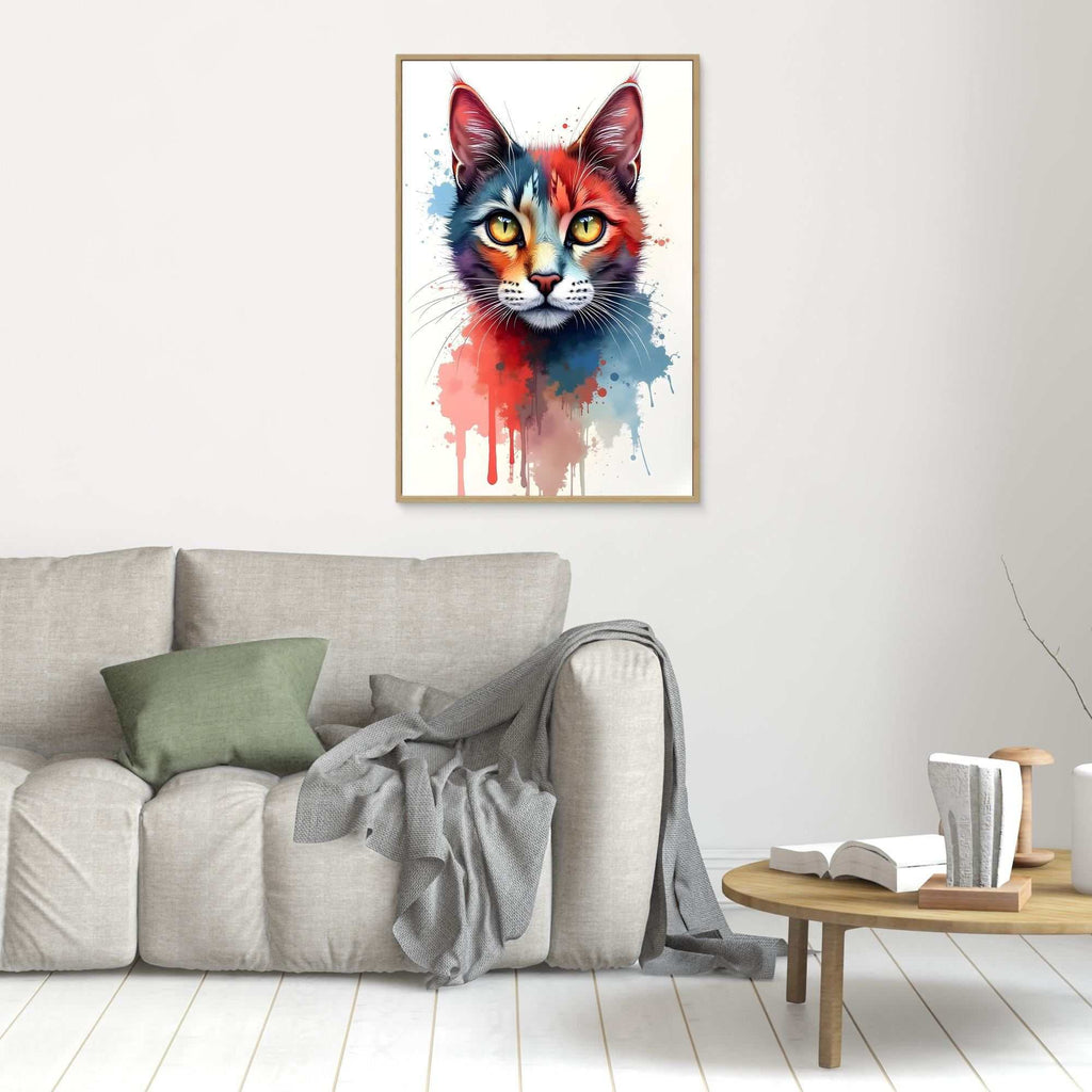 Abstract Cat Minimalist colorful ink-style wall art featuring a vibrant cat face with bold splashes of red, blue, and orange