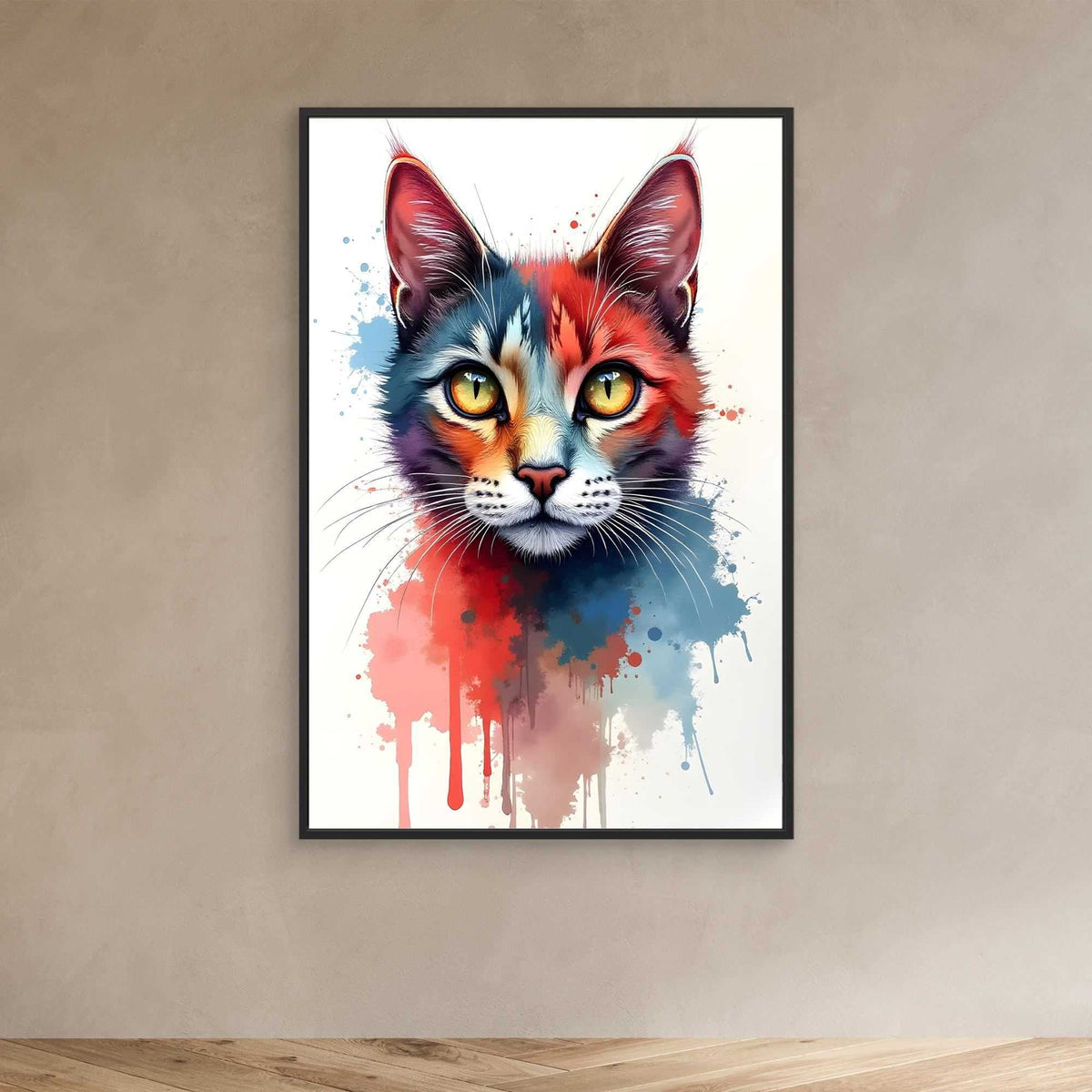 Abstract Cat Minimalist portrait of a cat's face in bold red, blue, and grey ink style with paint splatters and drips