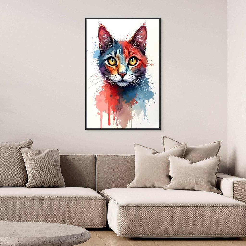 Abstract Cat Minimalist colorful cat portrait artwork in ink style on canvas with red, blue, and orange splashes