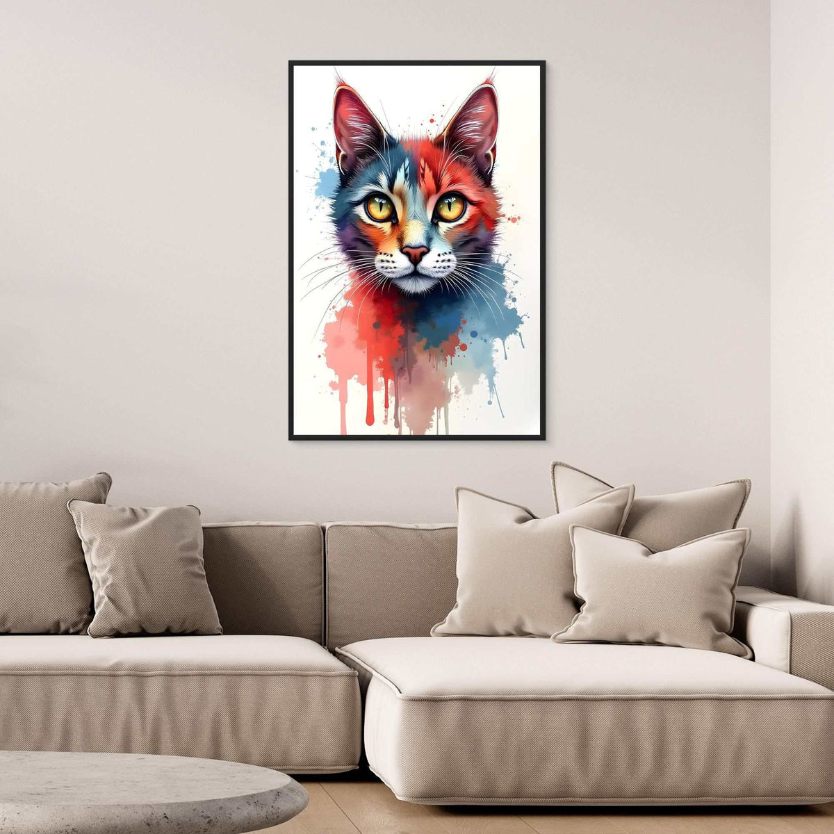 Abstract Cat Minimalist colorful cat portrait artwork in ink style on canvas with red, blue, and orange splashes