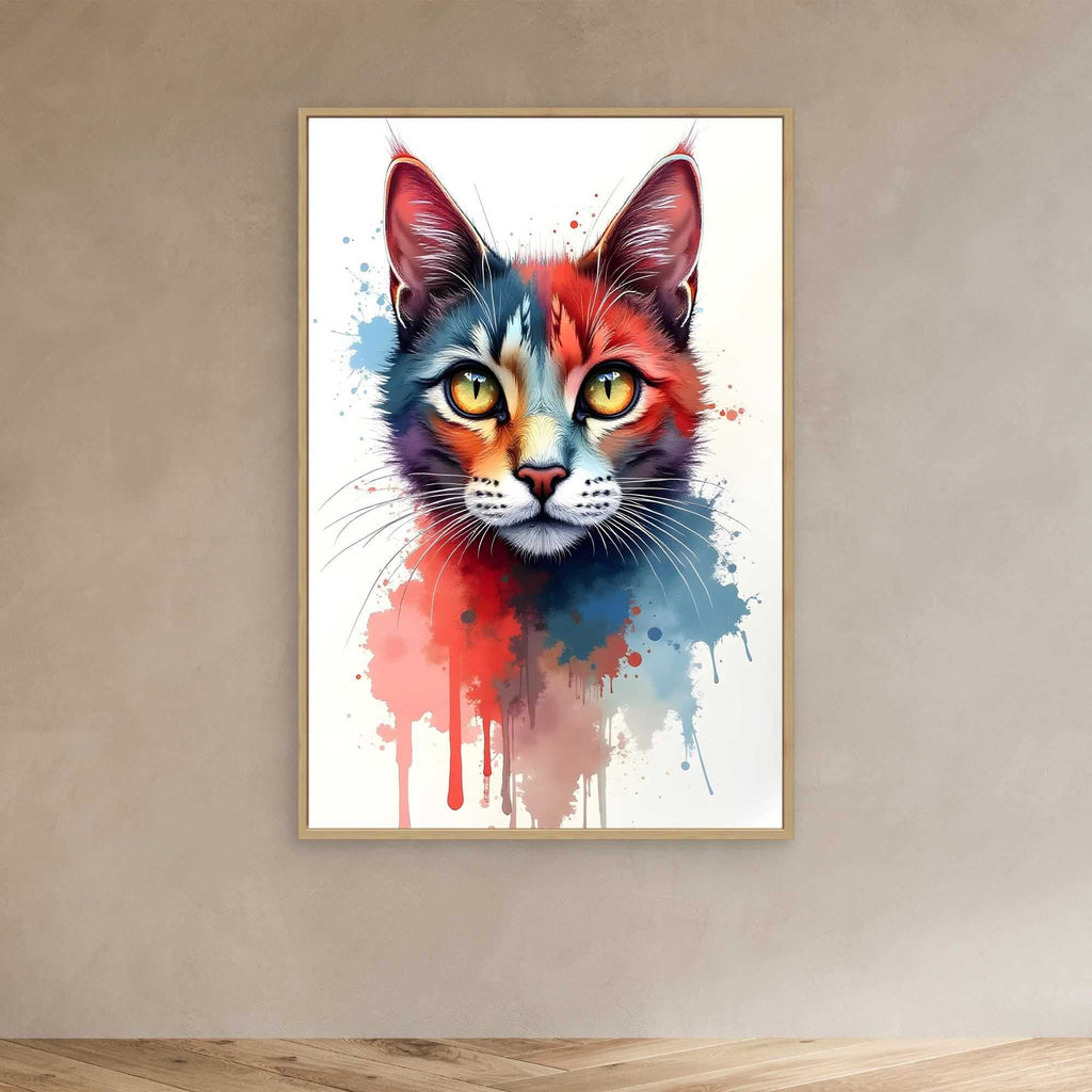 Abstract Cat Minimalist colorful ink style portrait of a cat with blue, red, and beige splashes on white background, framed