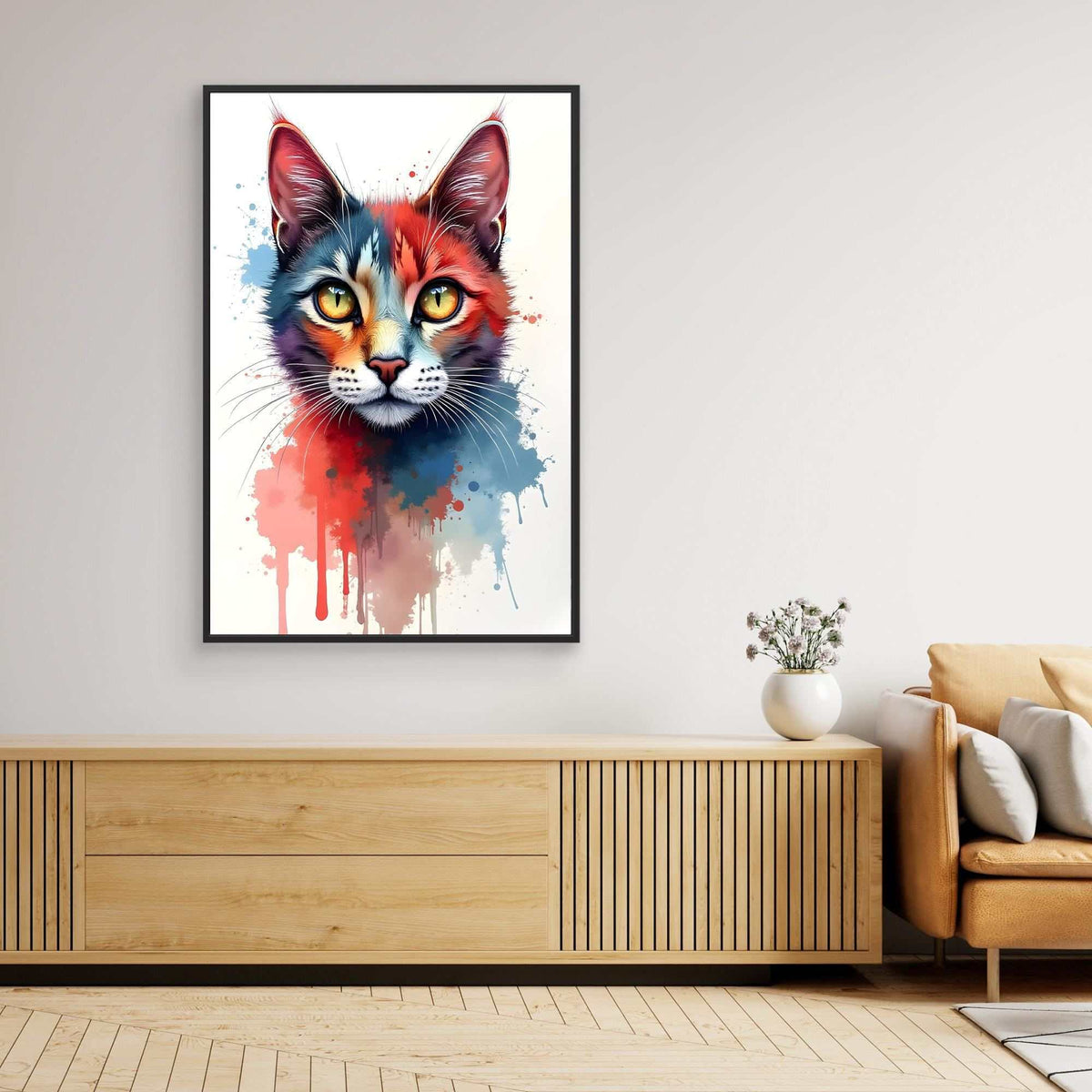 Abstract Cat Minimalist colorful ink-style portrait of a cat's face with splattered paint effects in vibrant reds and blues