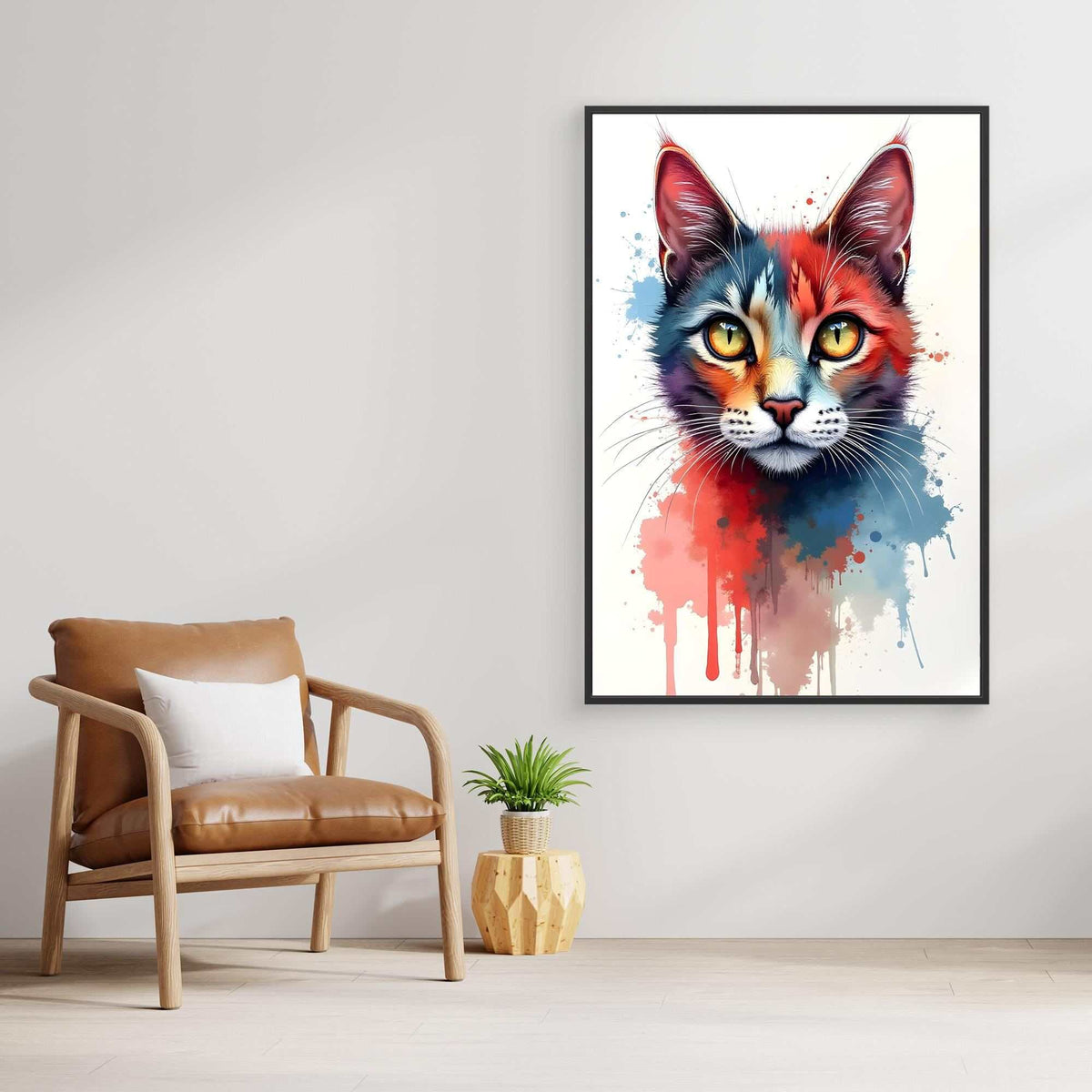Abstract Cat Minimalist ink-style wall art featuring a colorful blue and red feline portrait with paint splatter effect