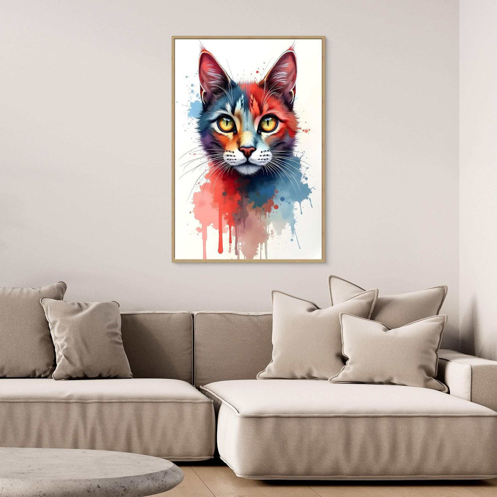 Abstract Cat Minimalist ink-style art with bold splashes of red, blue, and gray depicting a cat's face on canvas