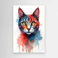 Abstract Cat Minimalist ink-style domestic cat portrait with vibrant red, blue, and orange paint splashes on white canvas