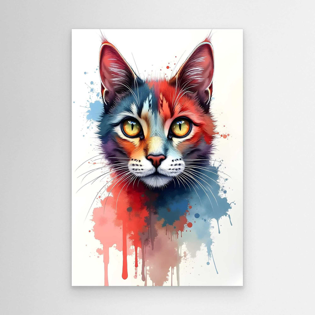 Abstract Cat Minimalist ink-style domestic cat portrait with vibrant red, blue, and orange paint splashes on white canvas