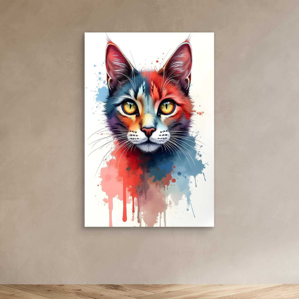 Abstract Cat Minimalist ink style canvas art featuring a vibrant multicolored cat face with splatter and drip effects