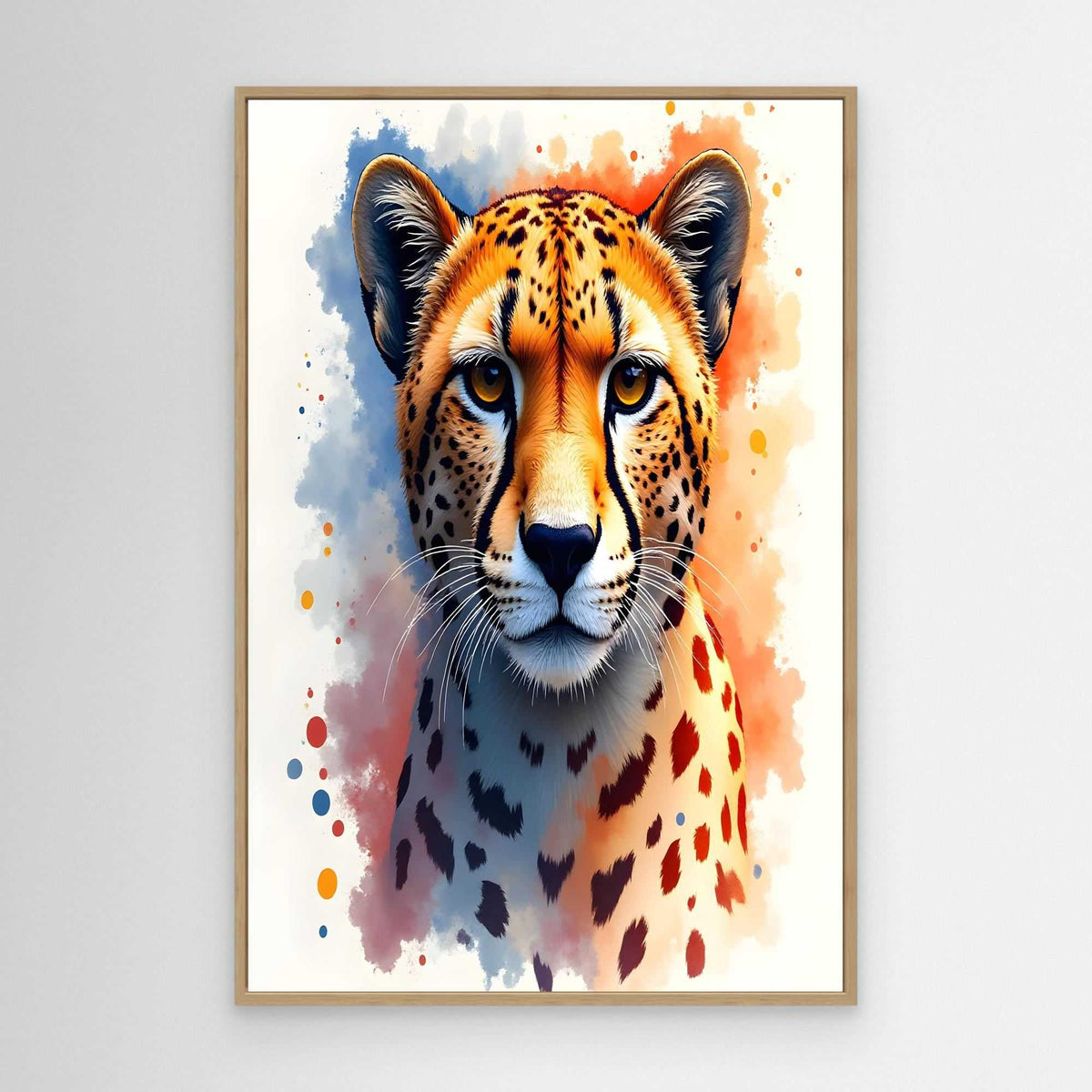 Abstract Cheetah Stare wall art featuring a bold ink-style cheetah head with orange, black, and blue watercolor splashes
