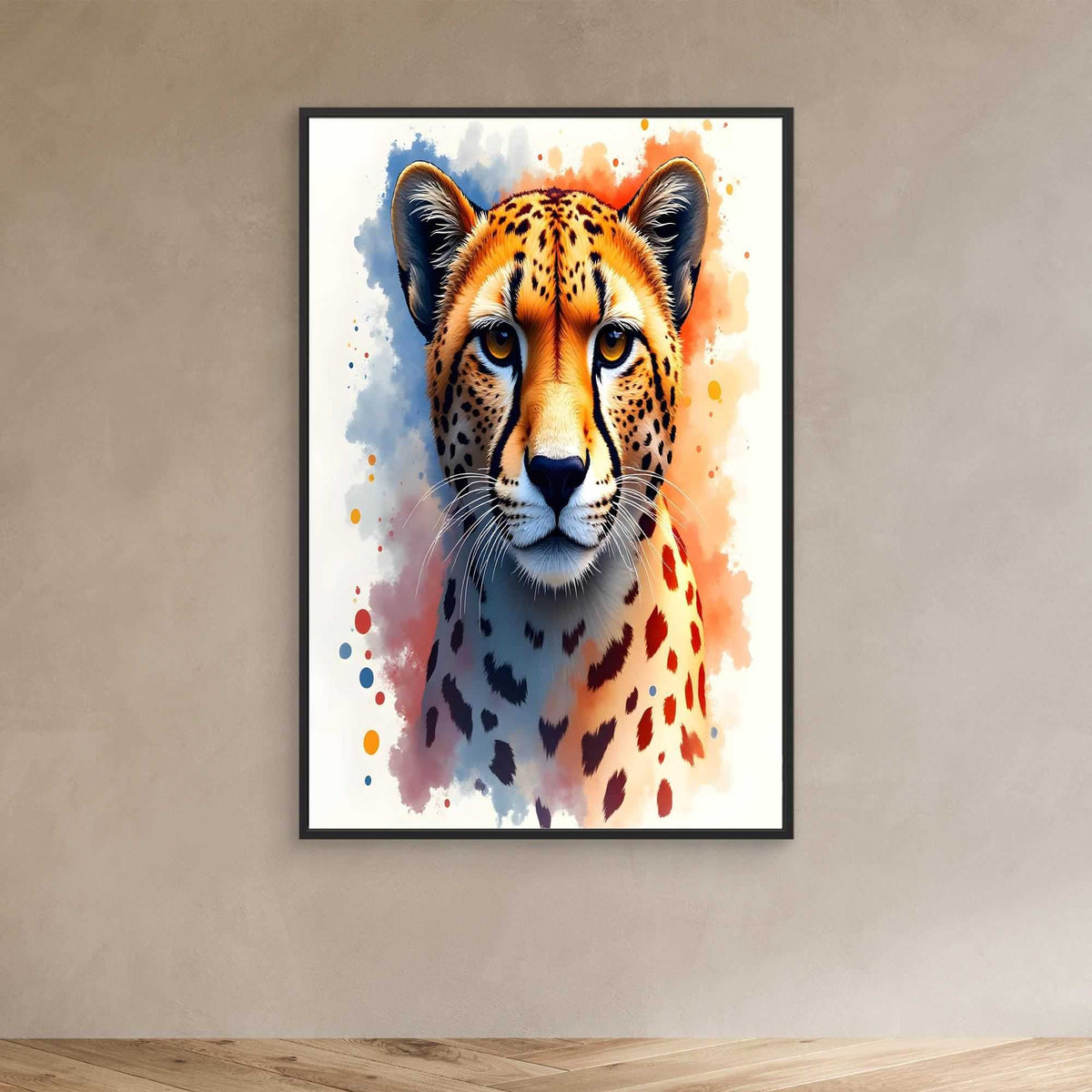 Abstract Cheetah Stare artwork featuring a close-up orange and black spotted cheetah face in minimalist ink style on white background