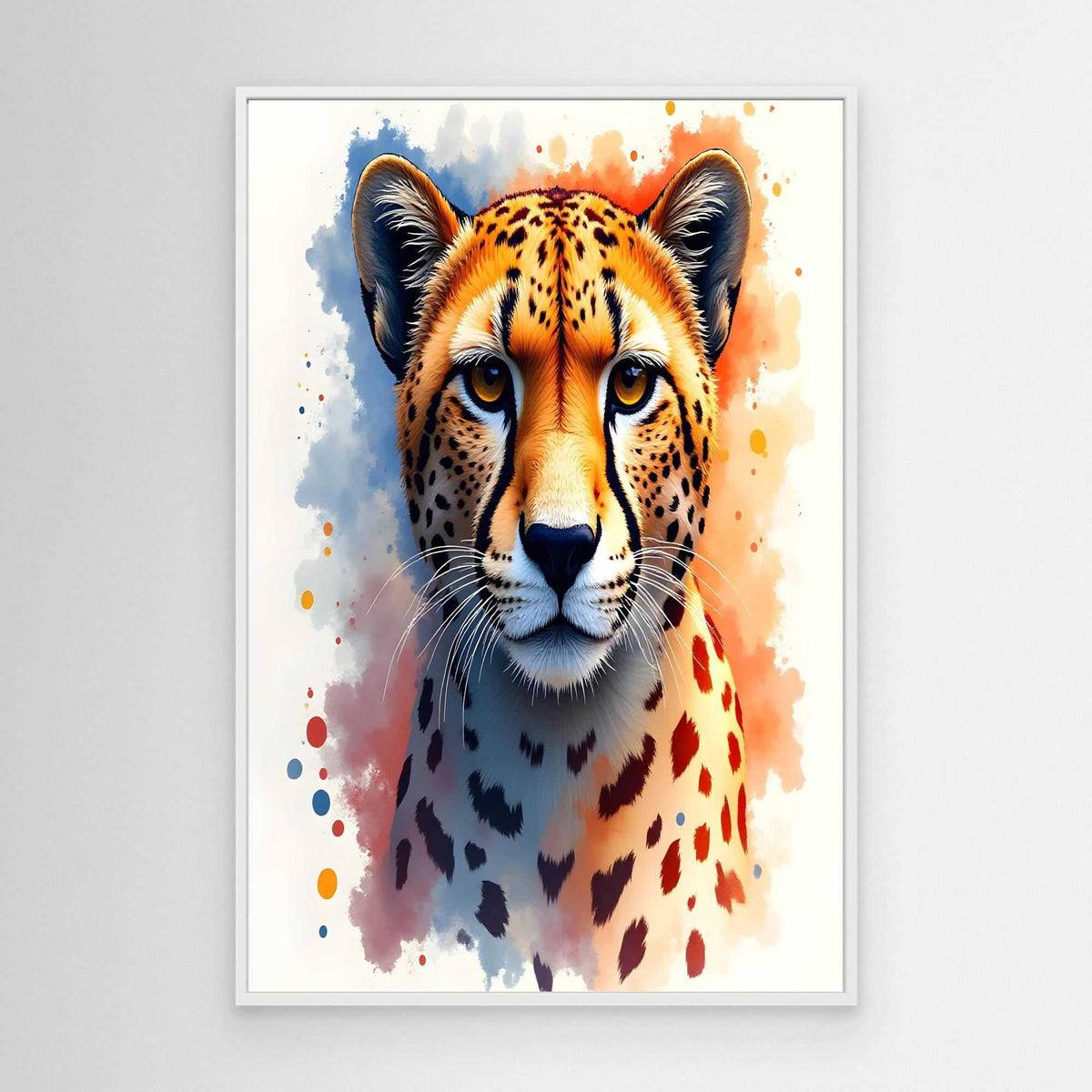 Abstract Cheetah Stare featuring a bold, vibrant orange and black ink-style spotted cheetah portrait with watercolor splashes