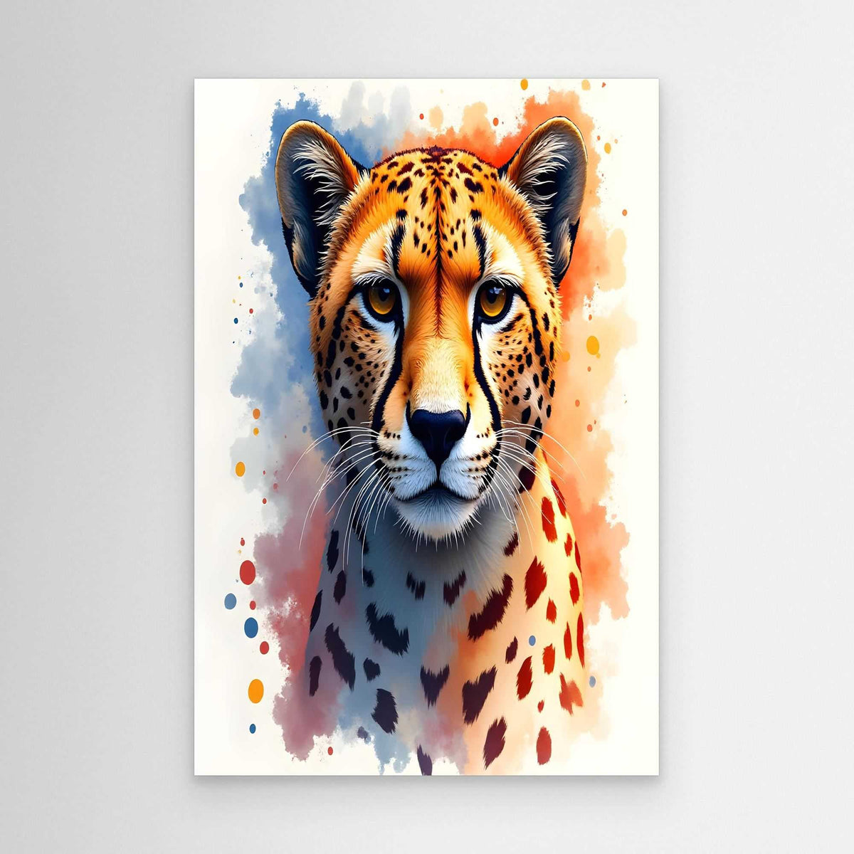 Abstract Cheetah Stare vibrant ink style portrait with orange, black, and white spotted patterns on a white background