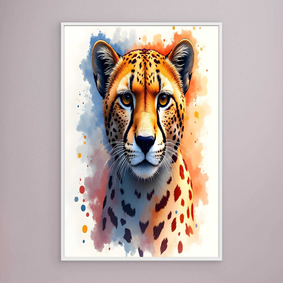 Abstract Cheetah Stare digital print featuring a vibrant cheetah face with orange, black, and white ink-style splashes