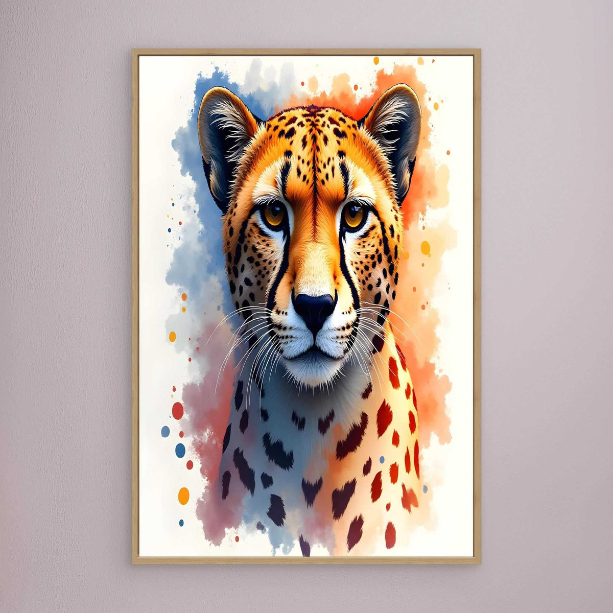 Abstract Cheetah Stare vibrant orange and black spotted big cat portrait in a minimalist ink splash style on a white background