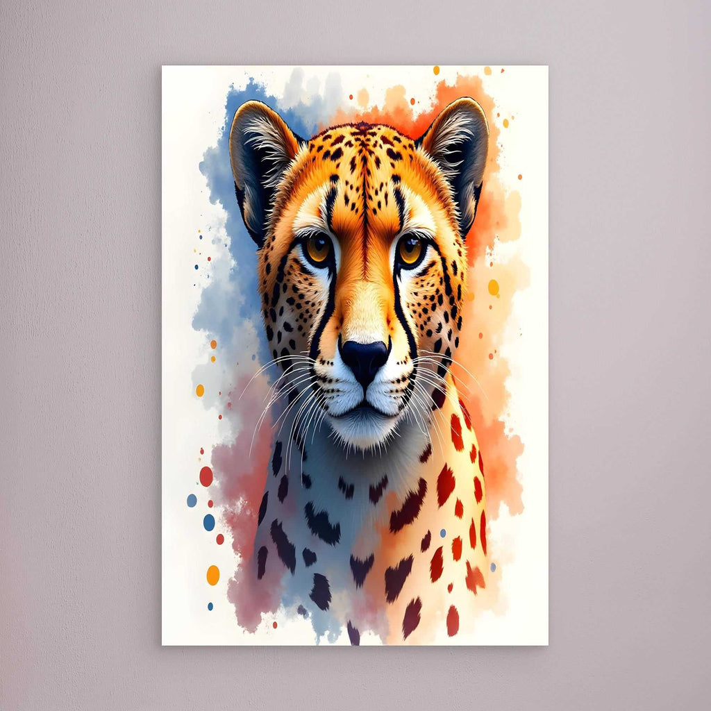 Abstract Cheetah Stare vibrant orange and black spotted ink style illustration with watercolor splashes on white canvas