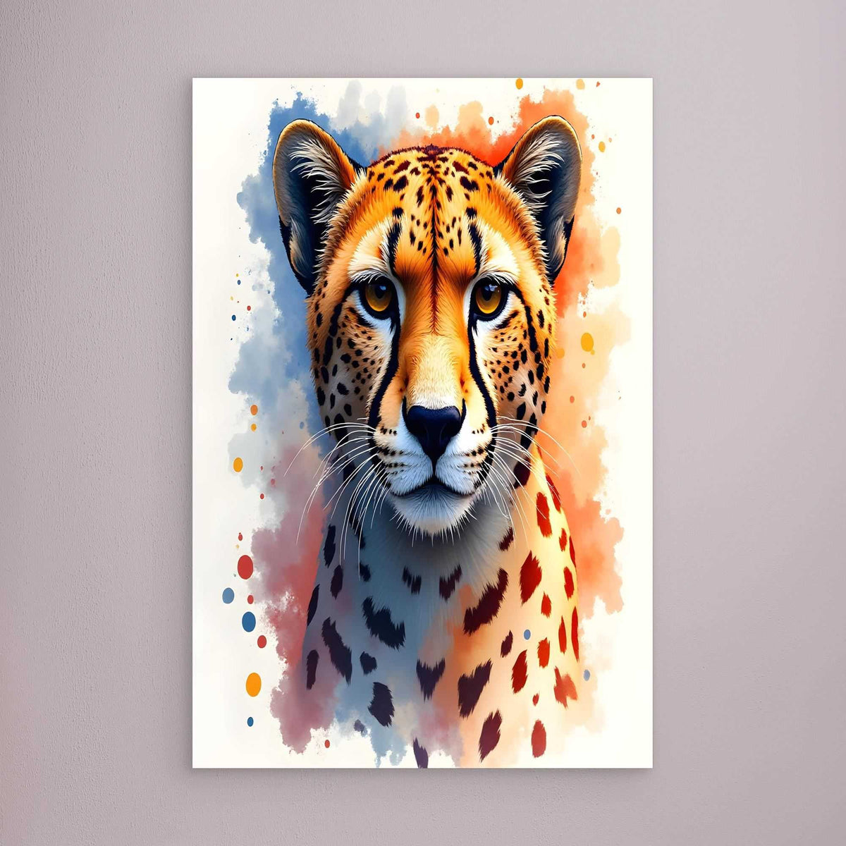 Abstract Cheetah Stare vibrant orange and black spotted ink style illustration with watercolor splashes on white canvas