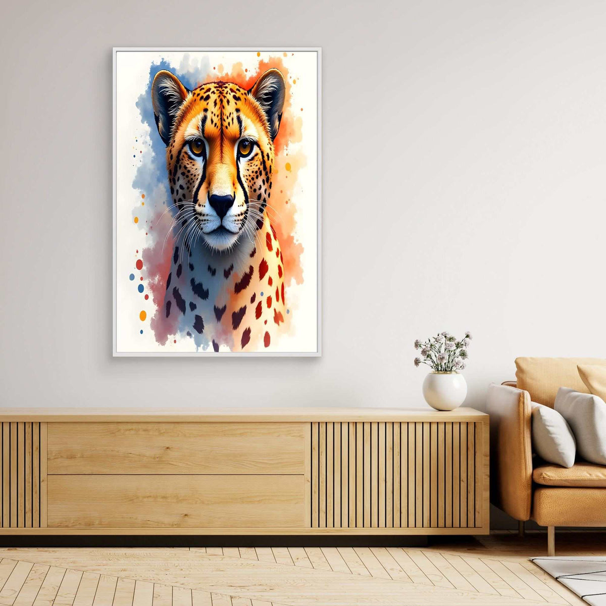 Abstract Cheetah Stare vibrant orange and black spotted big cat portrait in minimalist ink style on white canvas
