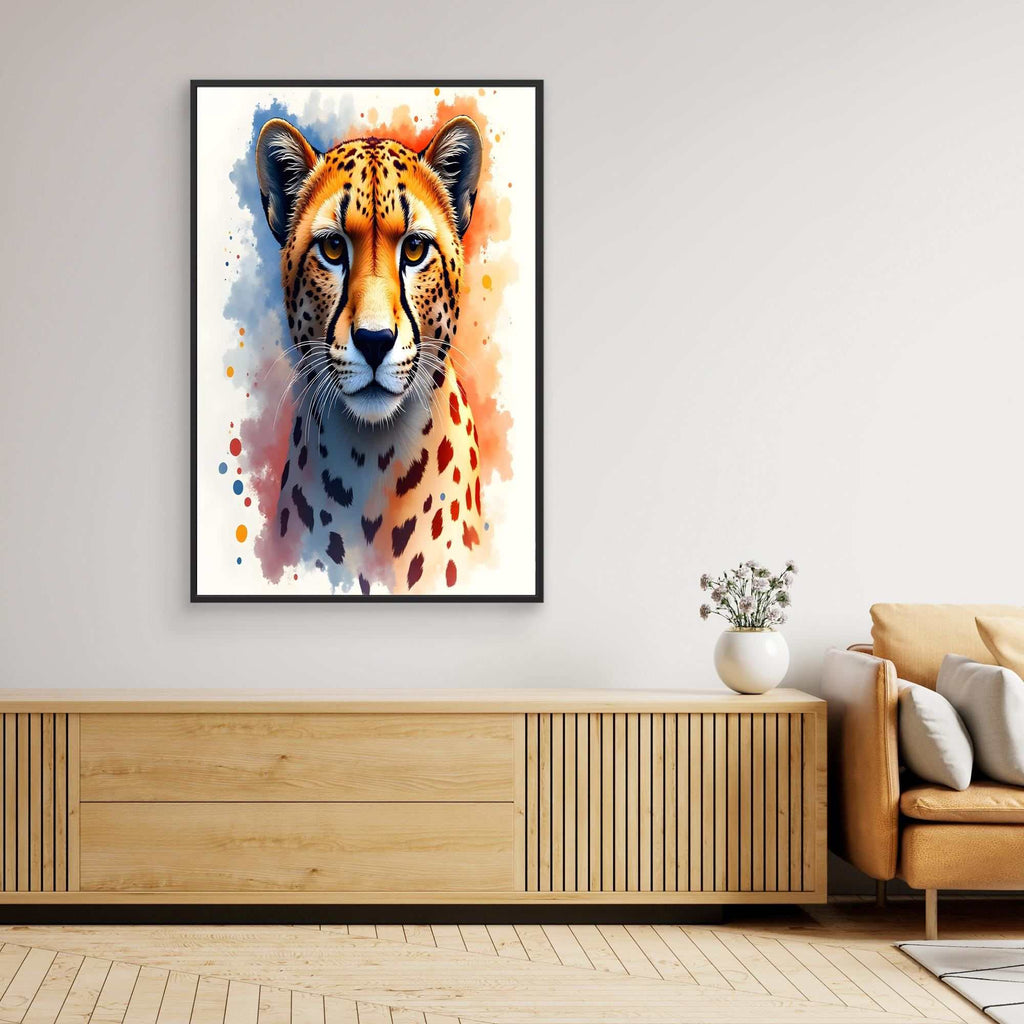 Abstract Cheetah Stare artwork featuring a vibrant orange and black spotted cheetah head in ink-style abstraction on canvas with splash patterns
