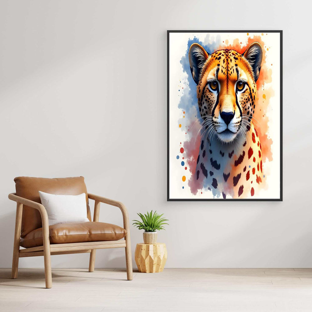Abstract Cheetah Stare artwork featuring a vibrant orange and black spotted cheetah with blue and orange watercolor splashes in a black frame