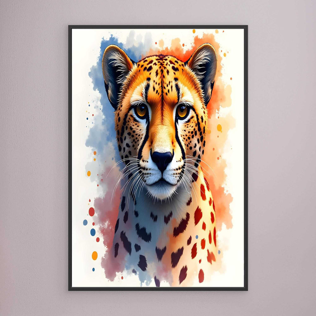 Abstract Cheetah Stare artwork showing a vivid orange and black spotted cheetah with intense eyes and watercolor-style splashes