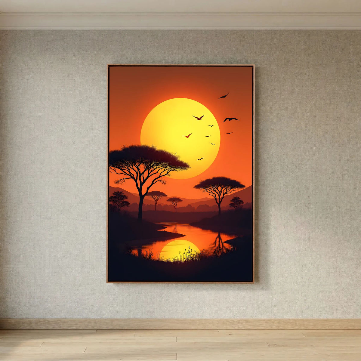 Acacia Trees At Sunset canvas wall art featuring silhouetted black acacia trees against a vibrant orange and yellow sun with birds flying