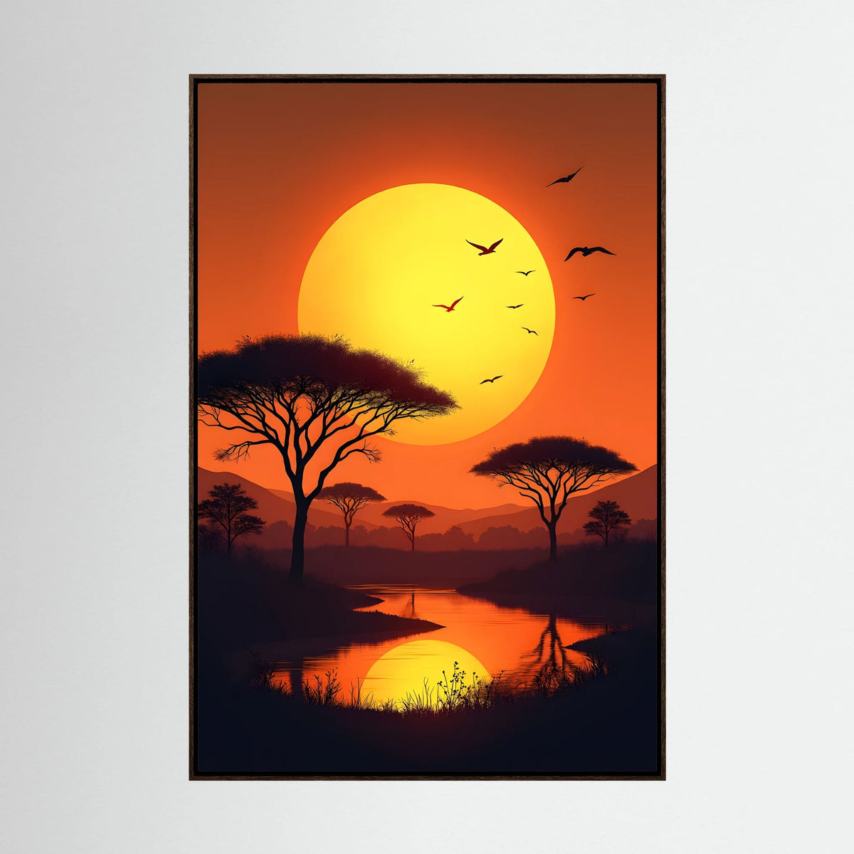 Canvas wall art featuring Acacia Trees At Sunset with vibrant orange sky, large yellow sun, silhouetted trees and birds flying