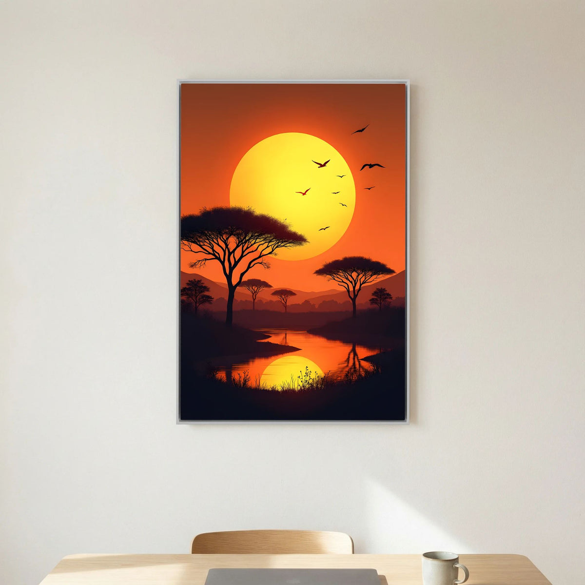Canvas wall art depicting Acacia Trees At Sunset with vibrant orange sky, large yellow sun, silhouetted trees and birds