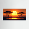 Acacia Trees canvas wall art depicting dark silhouette acacia trees against a vibrant orange sunset with yellow sun reflecting in water