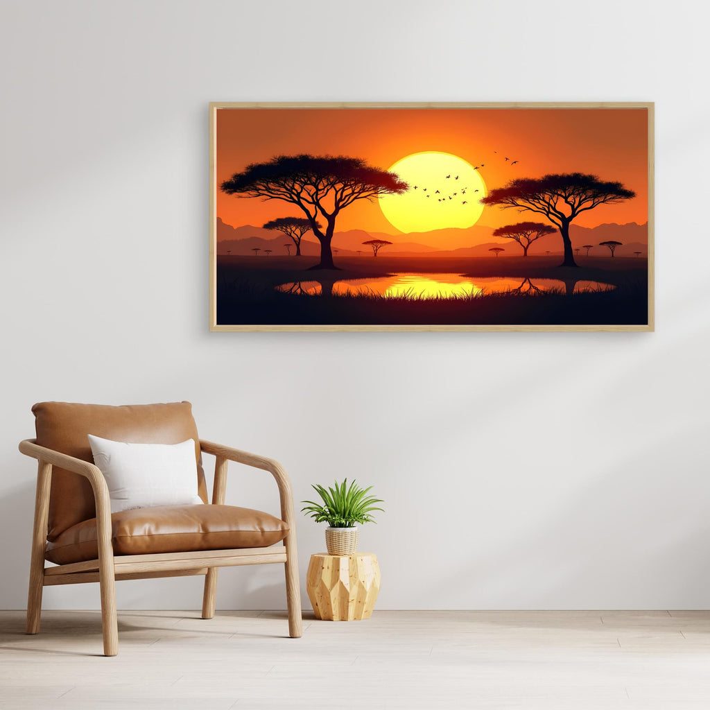 Acacia Trees canvas wall art featuring a vivid orange sunset with silhouetted acacia trees and birds over a reflective water scene