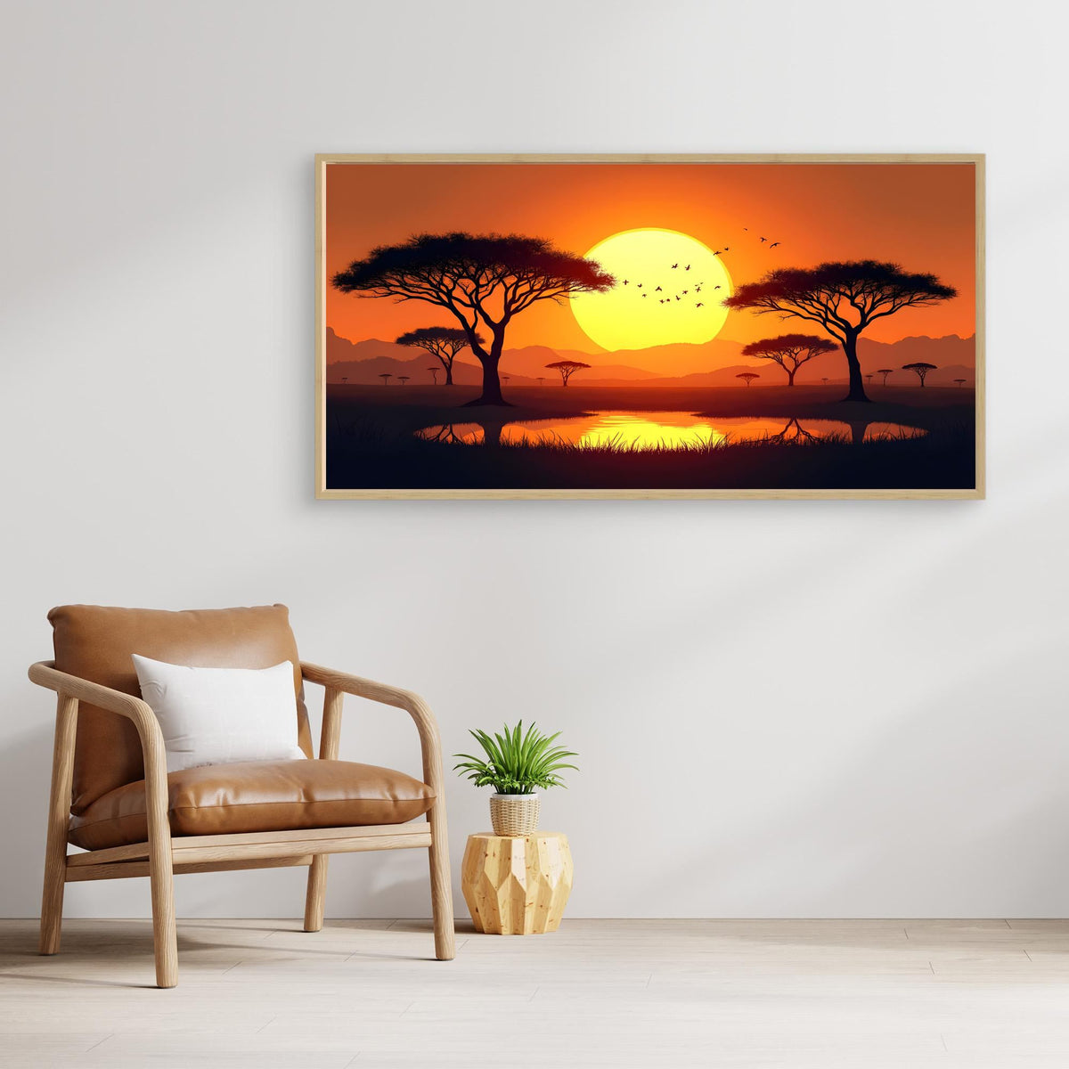 Acacia Trees canvas wall art featuring a vivid orange sunset with silhouetted acacia trees and birds over a reflective water scene
