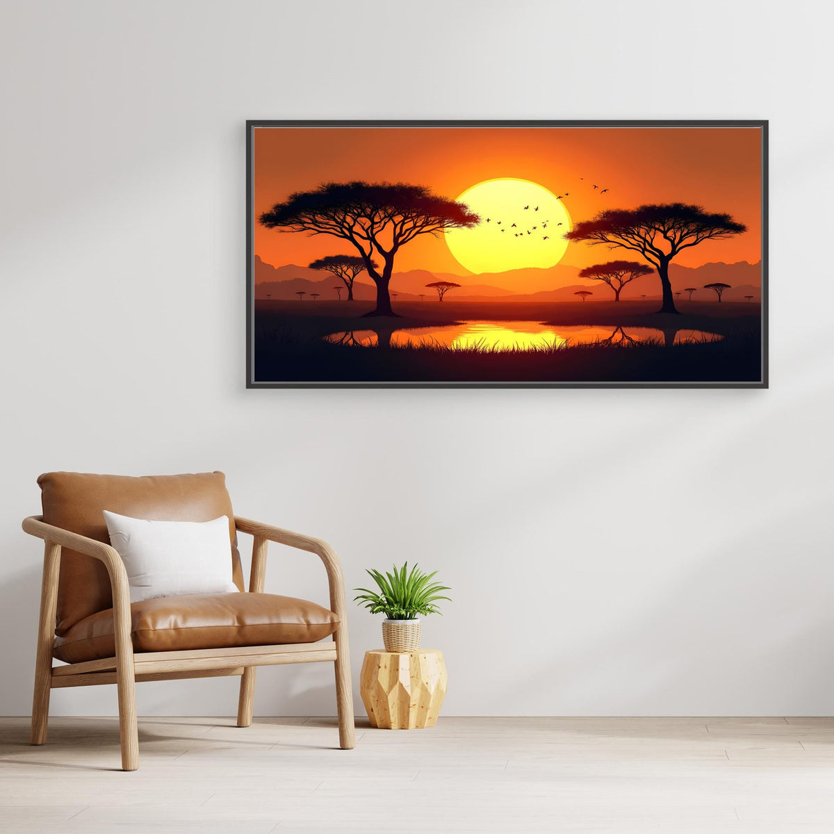 Acacia Trees canvas wall art featuring a vibrant orange sunset with silhouetted acacia trees and birds over a reflective water surface